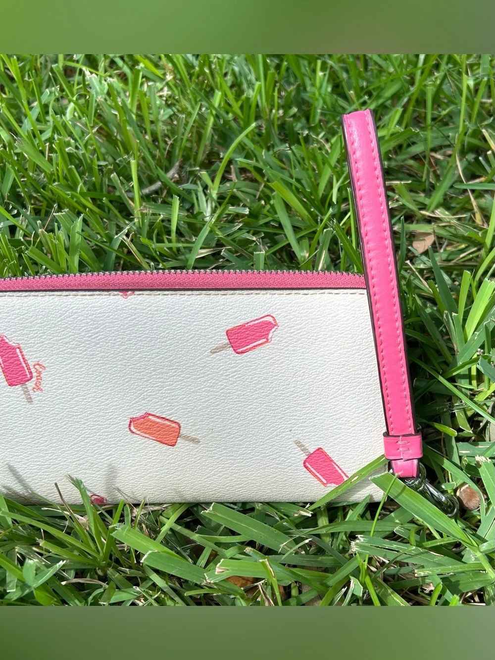 Coach White Long Zippy Accordion Wallet/ Wristlet with Pink Popsicle Print